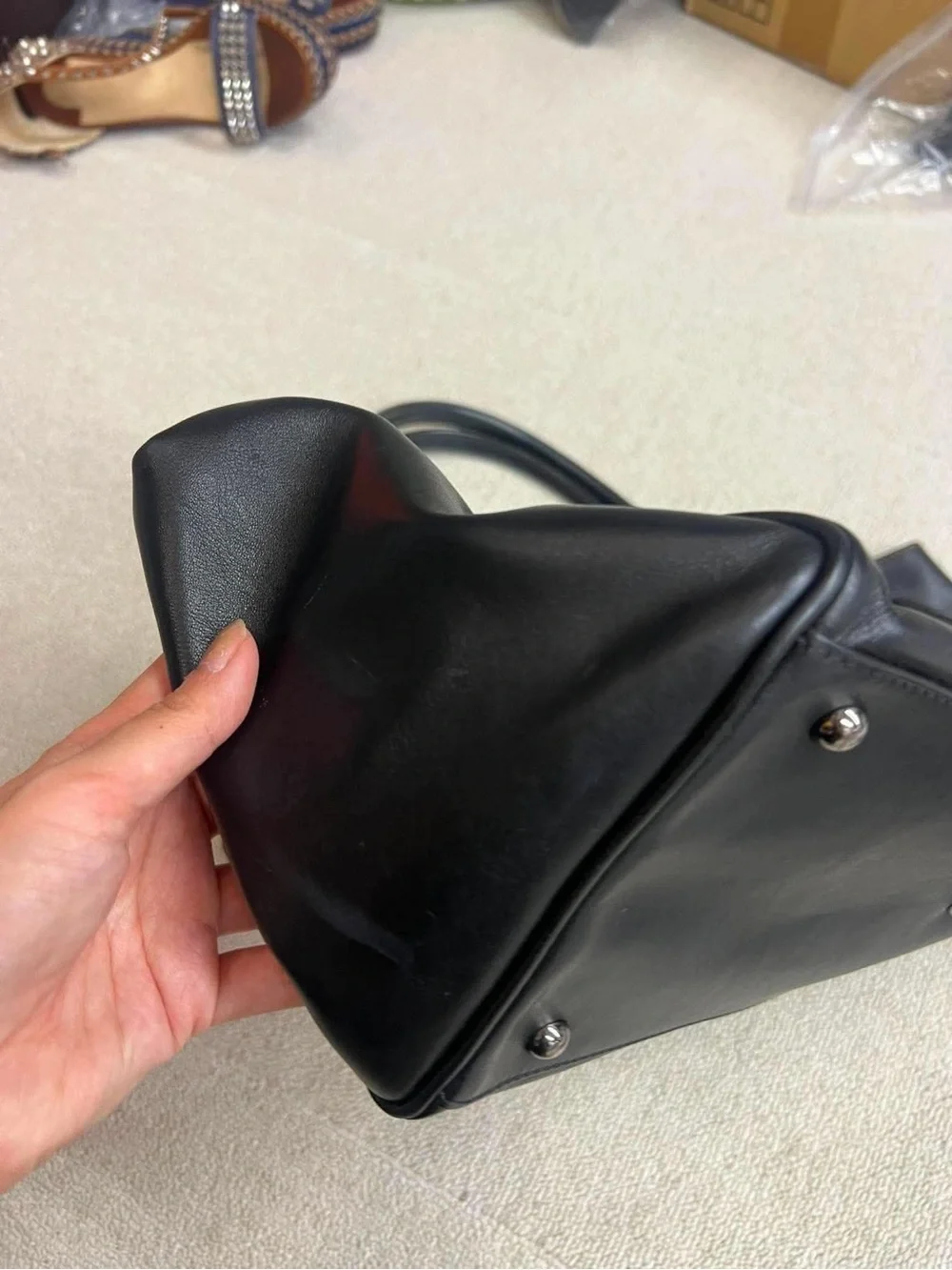 Longchamp Black Leather Tote with Brown Contrast Trim